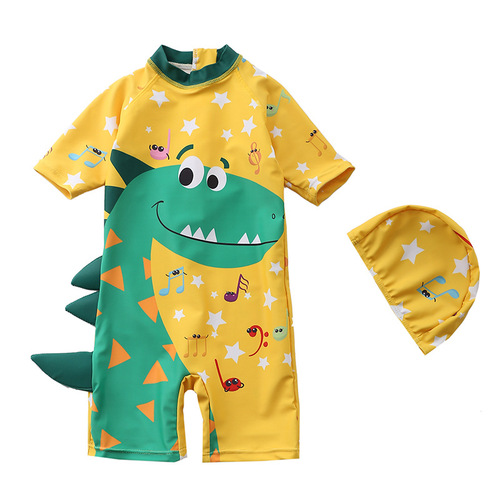 Children's swimwear for boys, one-piece swimsuit for baby boys, long-sleeved beach, sunscreen, hot spring, swimming suit with dinosaur design