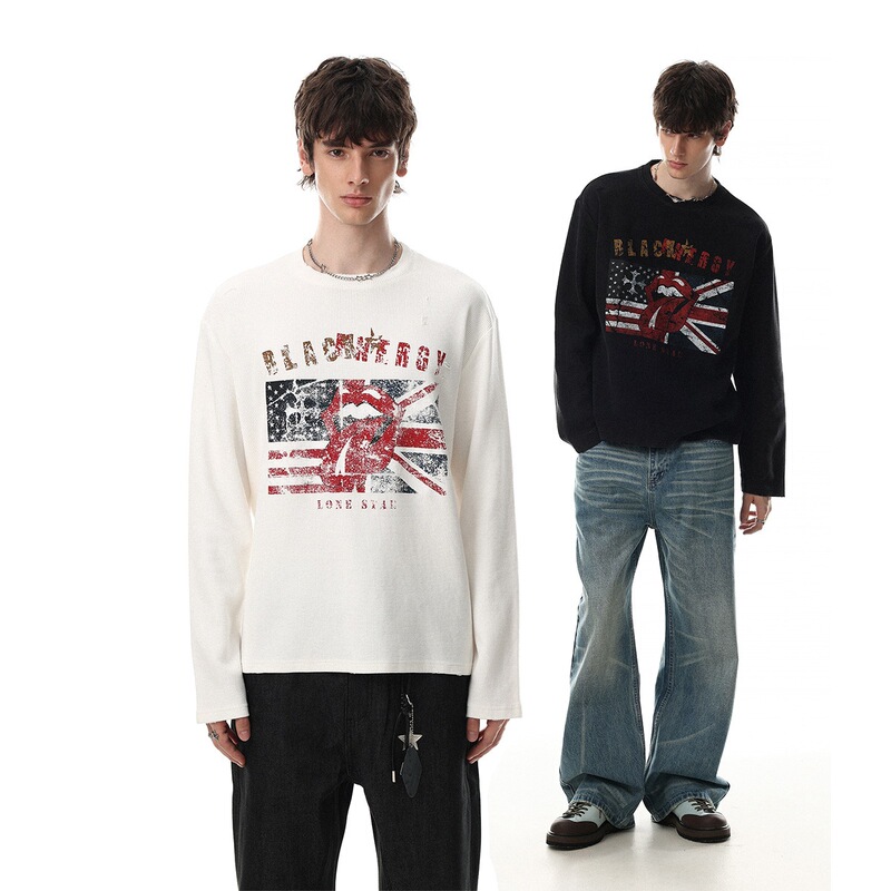 Magic Bear 2026 New American Light Street Style Stars and Stripes Long Sleeve Men's T-Shirt, Washed and Distressed, Imitation Sweater
