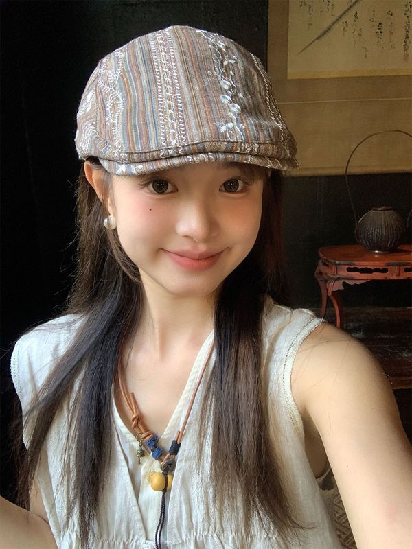 复古名族风蕾丝报童帽子女日系文艺新款大头显脸小百搭画家贝雷帽|undefined