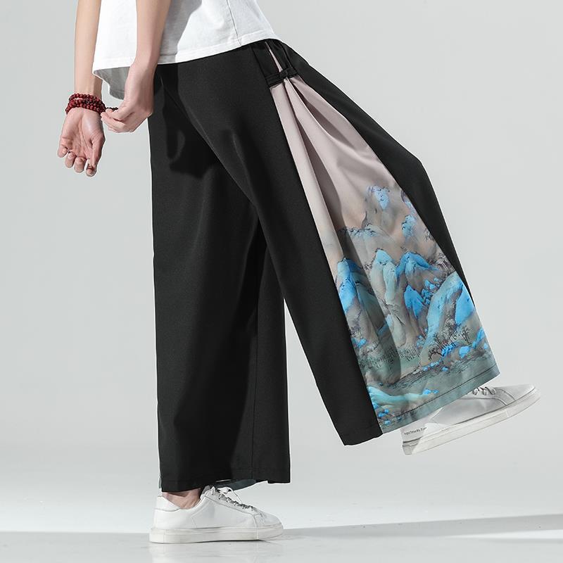Chinese Style Hanfu Pants Men's Ice Silk Wide-Leg Pants Skirt Pants Summer Antique Fairy Elegant Sag Straight Casual Pants