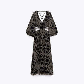 跨境外贸  26春夏新品 欧美风 女装新款 开口设计刺绣迷笛连衣裙
