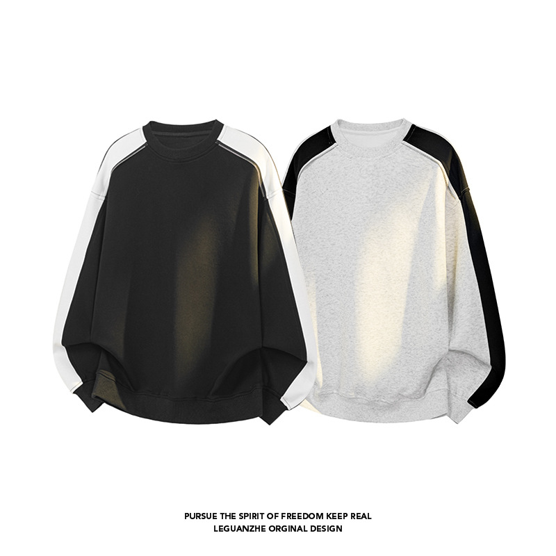 Sweat-shirt à col rond épais style américain pour homme, idéal pour le printemps, alliant qualité et contraste de couleurs._voghion.com
