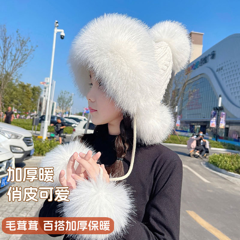 가을과 겨울 새로운 스타일 몽골 모자 플러스 벨벳 따뜻한 북동부 면화 모자 여성 모조 여우 모피 밀짚 모자 어린이 방풍 모자
