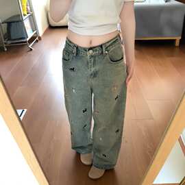 美式复古怀旧小狗刺绣直筒牛仔裤女春夏新款宽松显瘦高腰阔腿裤子
