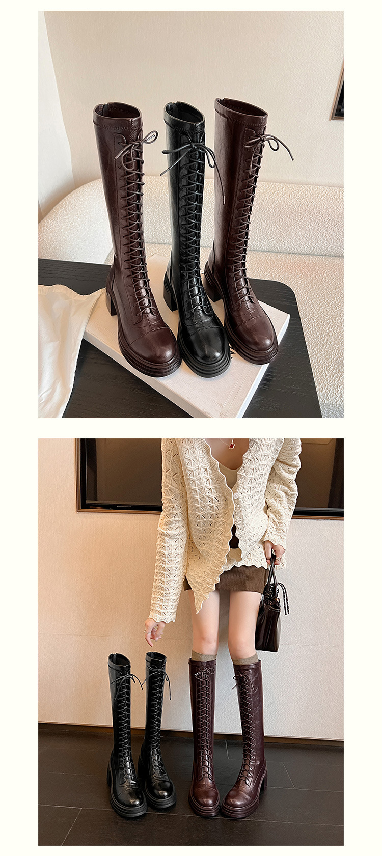 Boot nữ cổ cao ôm bắp chân đế dày dây buộc phong cách kỵ sĩ — Da lộn đen chi tiết 22