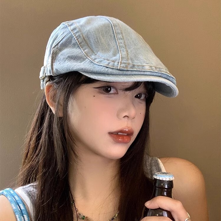 Washed Denim Forward Cap for Women, Spring and Summer Style, Japanese Retro, Face-Slimming Beret, Reverse-Wear, Large Head Circumference, Painter's Hat