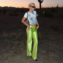 A696PT欧美跨境2025春季色丁金属针织弹力休闲微喇叭裤低腰纯色女