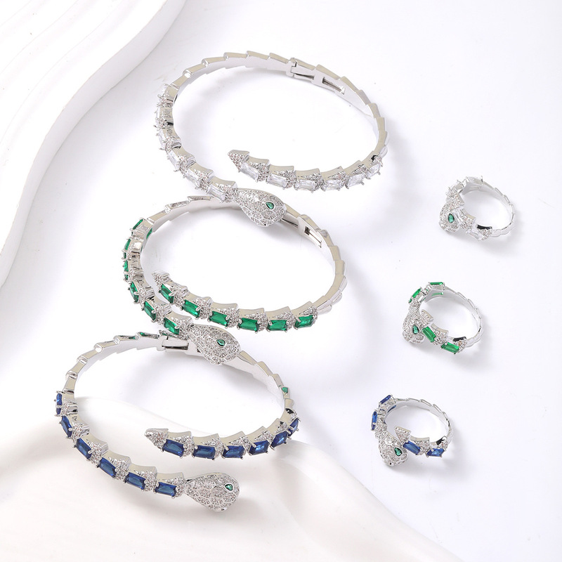 New Vintage Snake-shaped Micro-inlaid Colorful Stone Bracelet Ring suit Multicolor Women's Banquet Accessories Cross-border Hair New Vintage Snake-shaped Micro-inlaid Colorful Stone Bracelet Ring suit Multicolor Women's Banquet Accessories Cross-border Hair