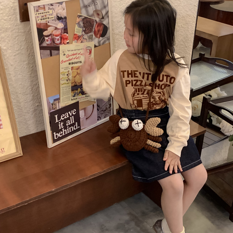 Caricatura divertida, mochila de hombro para niños y niñas, gancho tejido lindo, mochila de cangrejo bebé, nueva bolsa mini para niños