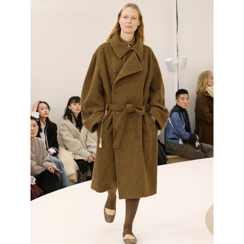 롱메이 더블 버튼 레이스업 울 코트 2025 가을 겨울 신상품 LEM 스타일 미니멀리스트 루즈 롱 코트 여성용