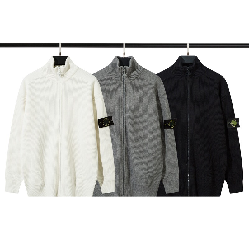 Cross-Border European and American Stone Stone Zipper Open-Front Stand Collar Badge Functional Knit Sweater for Autumn and Winter, Unisex Island Style