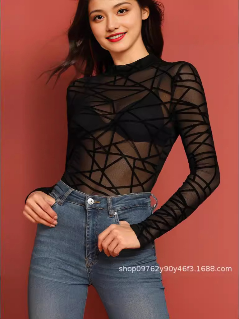 2024 new European and American hot girl mesh flocking tight mesh top