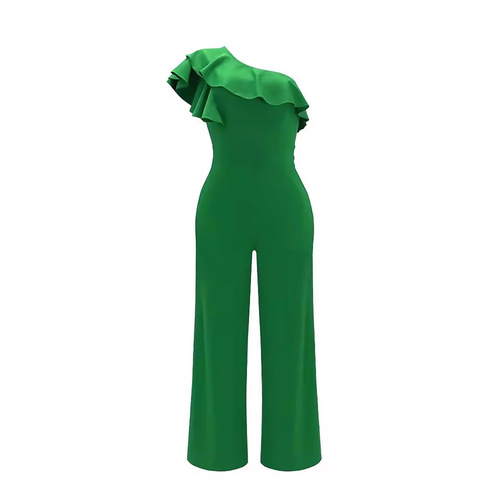Elegant Women's European and American Amazon Fashion Bodysuit with Asymmetrical Shoulder and Lotus Edge Design, Stylish Long Dress