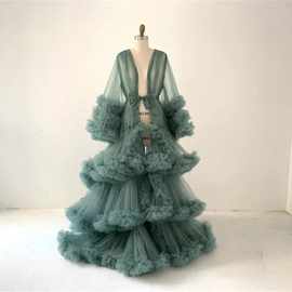 欧美亚马逊网纱女士孕妇拍照服装长款气质蛋糕裙演员舞台演出服