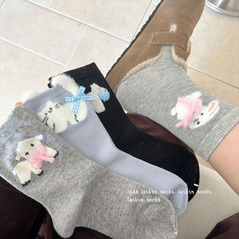 小动物饰品棉袜组合卡通小狗撞色蝴蝶结秋冬棉质中筒袜女士可爱|undefined