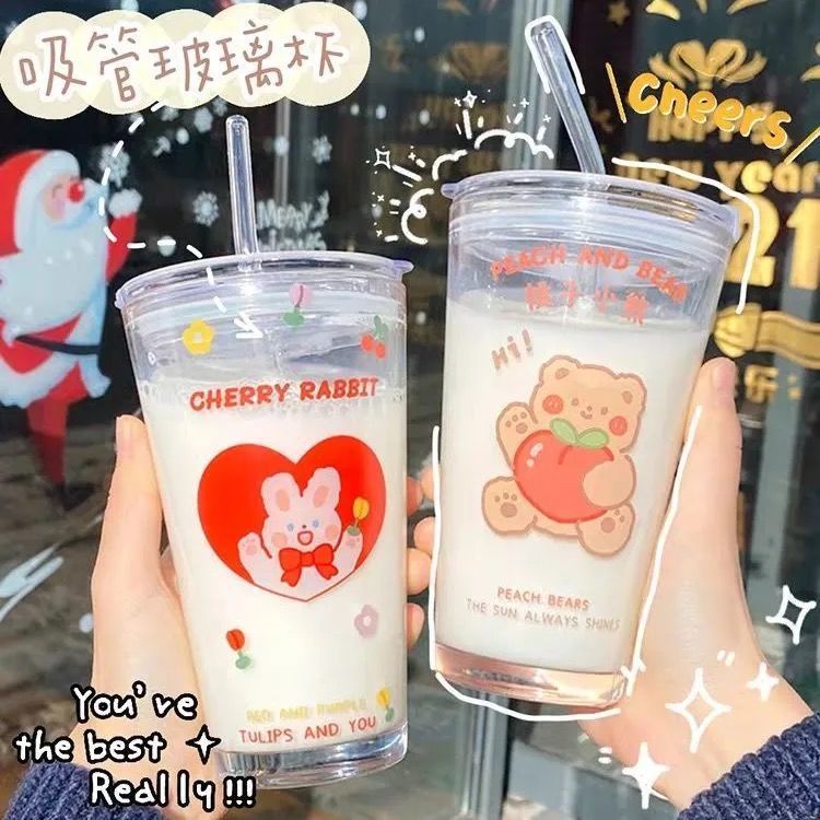 ins少女心玻璃吸管水杯 可愛大容量高顏值 加蓋刻度牛奶奶茶杯