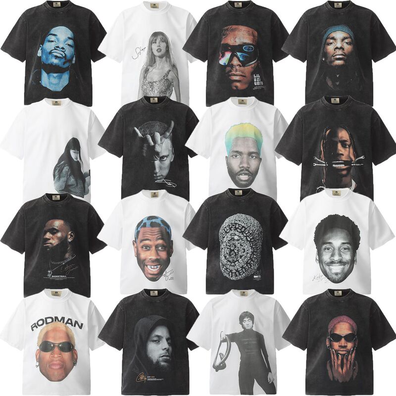 Vintage American High Street Big Face Portrait Print Heavy Washed Distressed Couple Loose Short-Sleeved T-Shirt Trendy