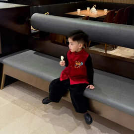 新中式男童拜年服套装202冬季新款洋气国风提花刺绣唐装马甲套装