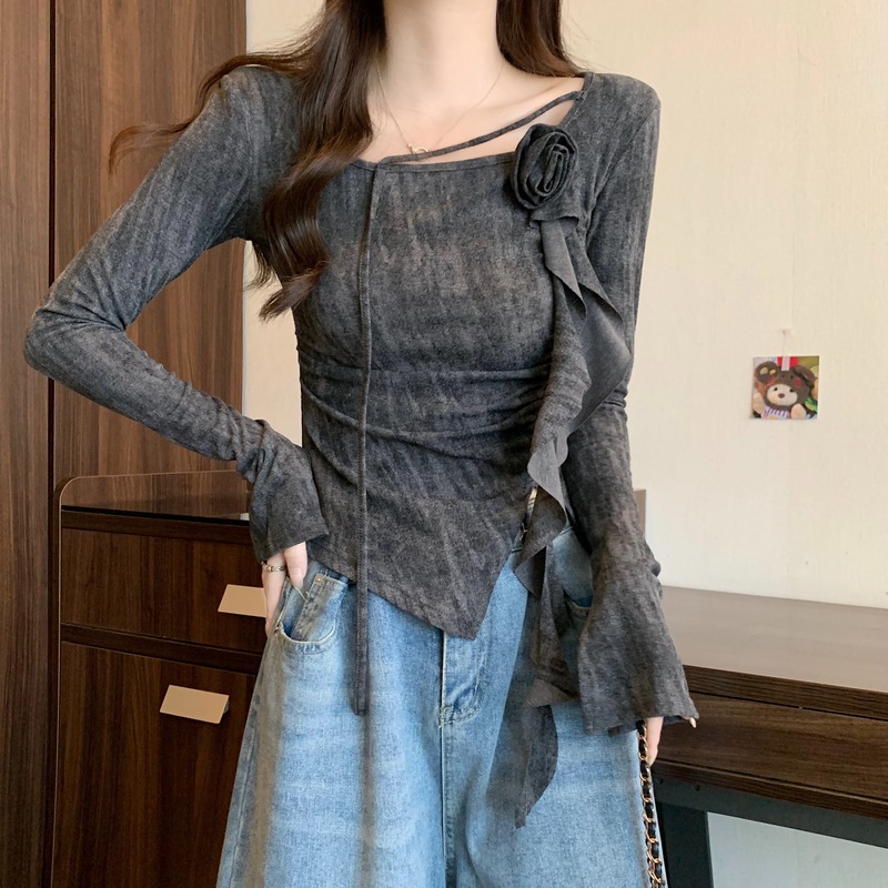韩系设计感立体花朵褶皱扎染长袖针织衫女秋季不规则修身显瘦上衣|undefined
