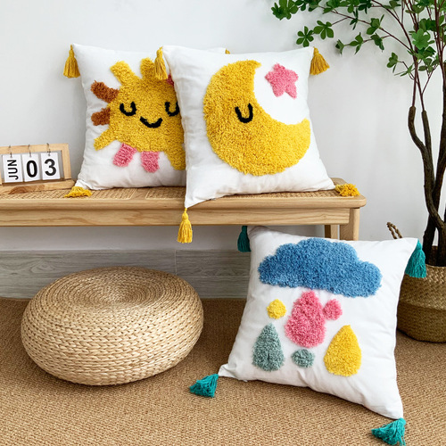 Tufted pillow cute sun cloud stars tassel cartoon children pillow sofa seat lumbar pillow cushion
