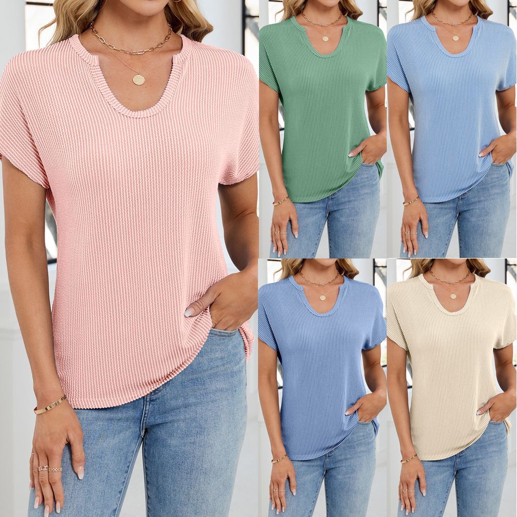 2025 Spring/Summer European and American Amazon Twist Stripe Loose Women's Short Sleeve U-Neck Knitted Top T-Shirt Casual Versatile