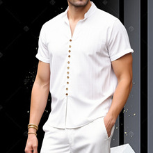 跨境外贸夏季新款男装短袖长裤衬衫单排扣翻领套装男士时尚潮流款