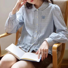 减龄娃娃领长袖衬衫女下摆双层荷叶边法式格子上衣