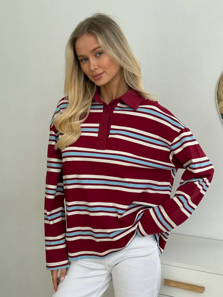 Áo thun nữ sọc dài tay cổ polo dáng rộng phong cách retro — hồng, màu nâu, nâu sẫm, quần kaki chi tiết 47