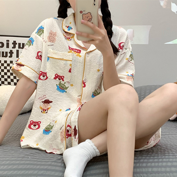 睡衣女夏季梭织泡泡棉皱布ins公主风可爱短袖夏天薄款家居服套装|undefined