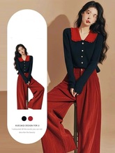 大码女装春季娃娃领撞色针织开衫+高腰灯芯绒阔腿长裤气质两件套