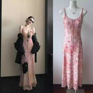 2025 Summer Waist-Cinching Skirt, Elegant A-Line Long Skirt, French Resort Style Pink Floral Suspender Dress for Women