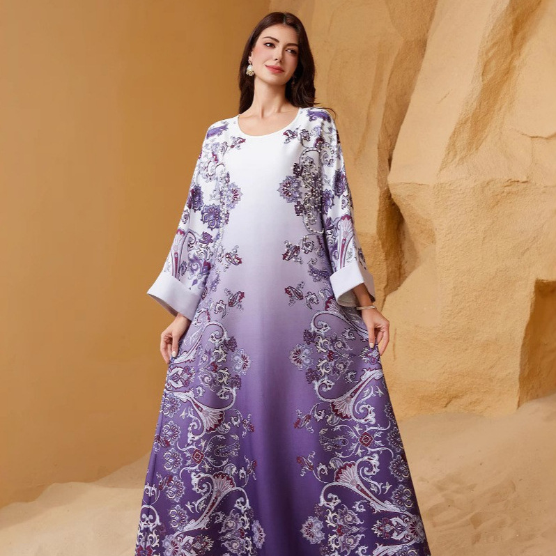 SW2514 Middle East Cross-border New Model Muslim Women's Robe With Printed Patterns, Rhinestones, And Beading, Round_ecoleips.com