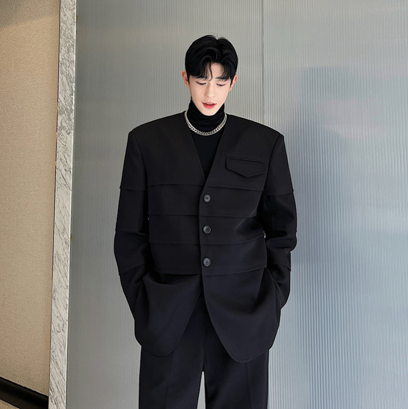Gender-Free autumn shoulder pad suit high-grade Korean designer V-neck wide stitching black suit jacket for men