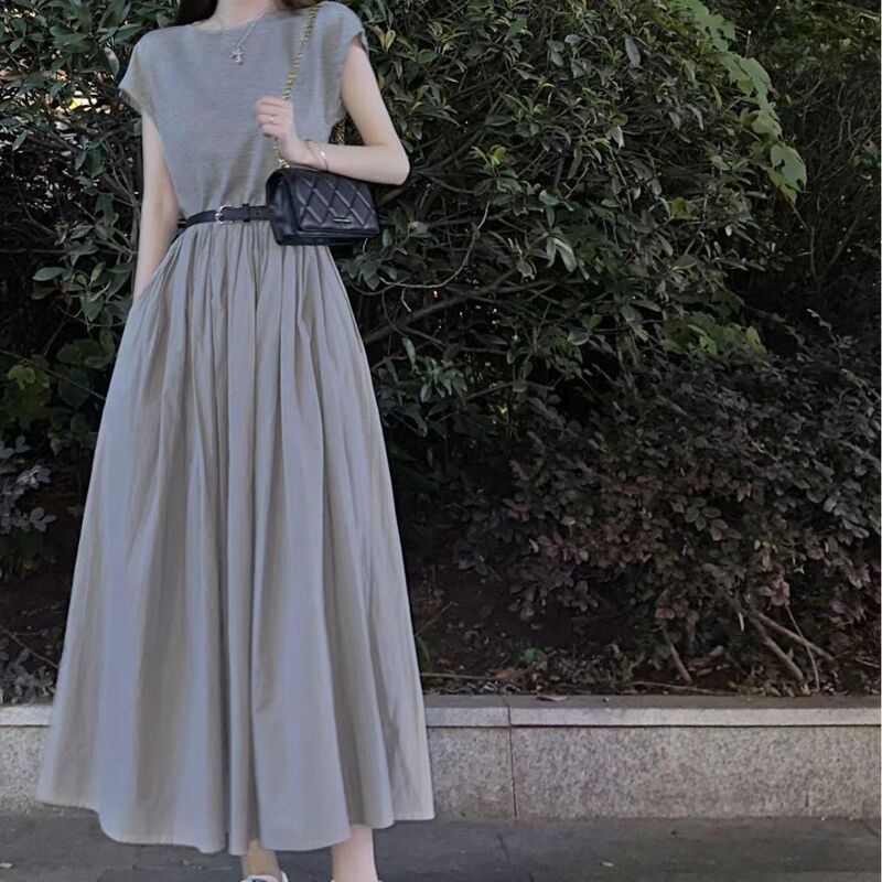 French style high-grade gray knitted T-shirt dress women's tight waist draping short sleeve long skirt new summer