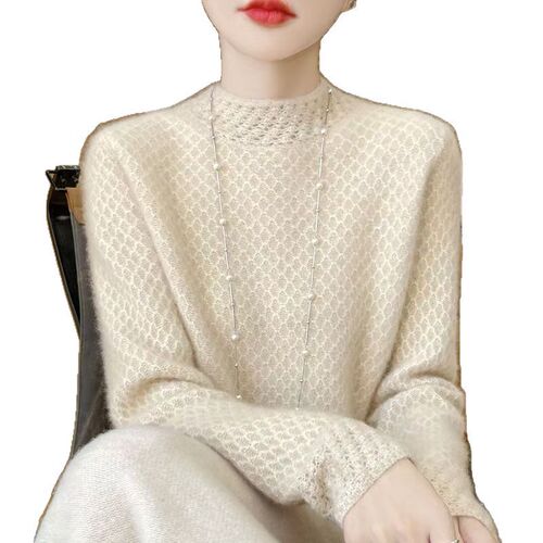 Heavy industry hollow hook pattern half high collar 100% pure cardigan women's long-sleeved sweater sweater loose cashmere bottoming shirt