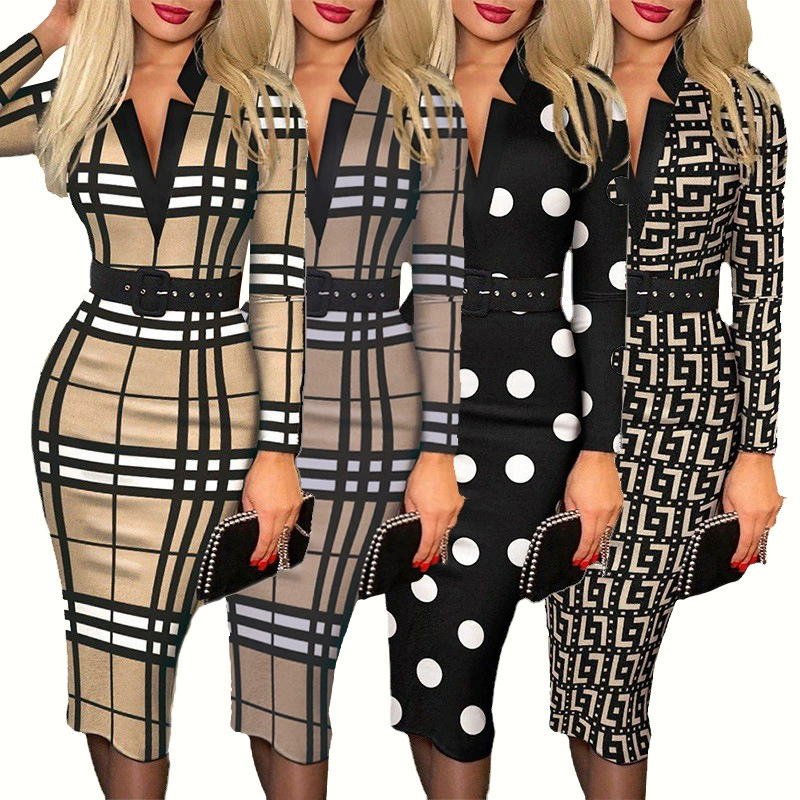 3042 европейские и американские женские трансграничные осенние и зимние клетчатые платья с длинными рукавами V-образным вырезом с высокой талией с поясом