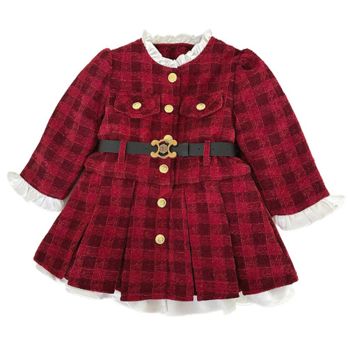 Little Girl's Plaid Long-Sleeve Dress 2025 Autumn Winter Princess Dress for Young Children with Lace Waist Cinch and Fleece