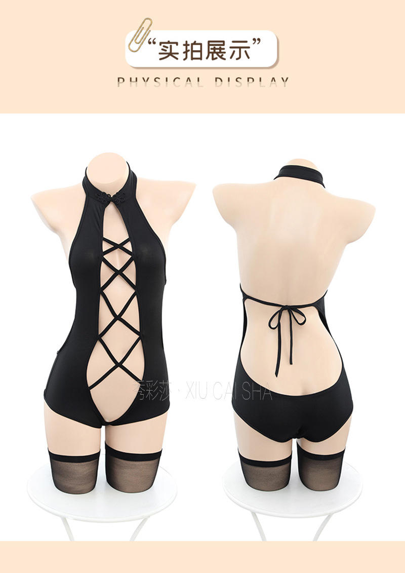 Open-Bust Bodysuit Lingerie with Matching Stockings, Milk Silk One-Piece in Black — detail image 21