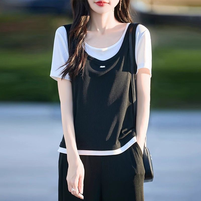 半袖レディース Tシャツ 2025 春夏新作レディース韓国ファッションカラーブロックベストフェイクツーピースショルダートップ女性用|undefined