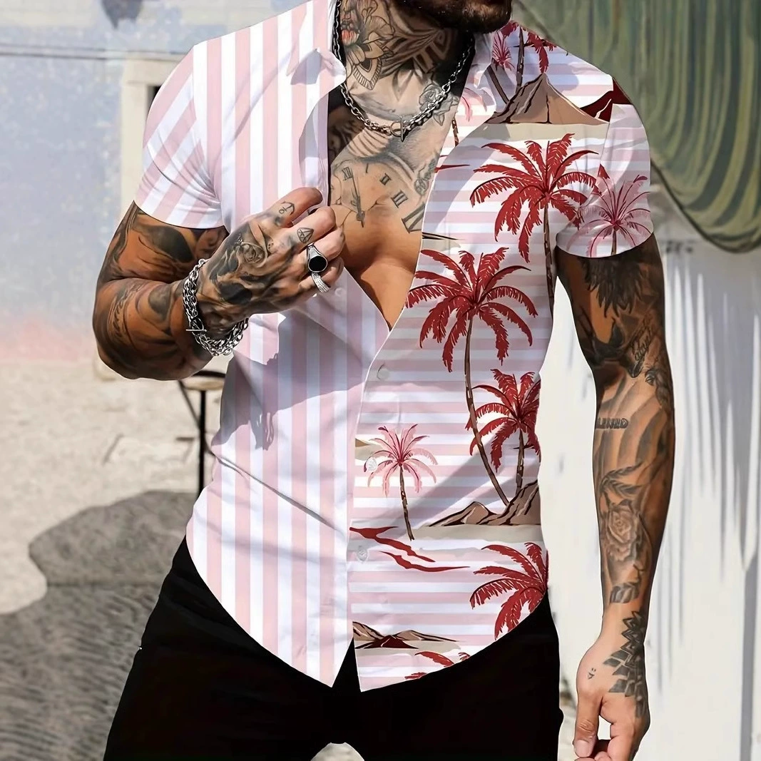 2025 новая летняя мужская повседневная спортивная универсальная высококачественная рубашка с коротким рукавом в полоску с принтом