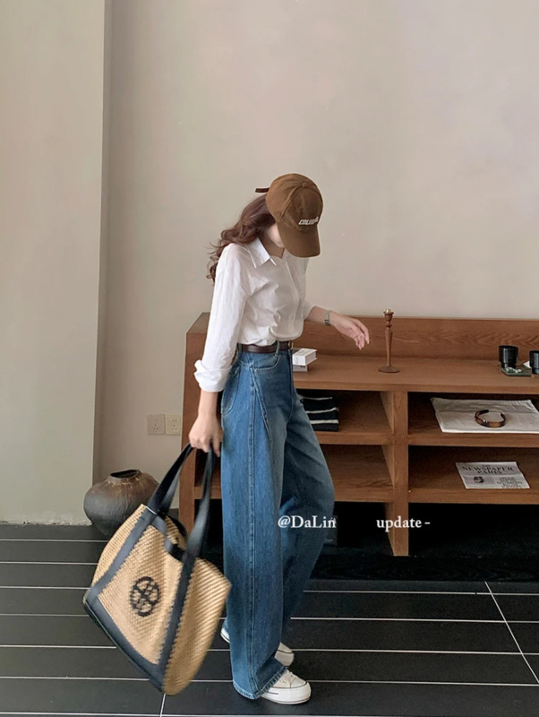 工厂直销2025韩版秋季新款牛仔裤女窄版弯刀裤宽松显腿长休闲女裤|undefined