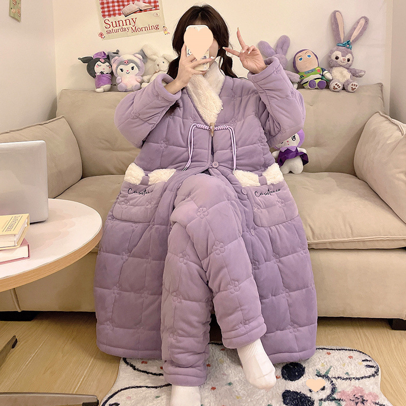 가을과 겨울용 여성용 나이트가운, 산호 플리스 3겹 퀼팅 재킷, 두껍고 벨벳, 겨울 스타일, 밖에서 입을 수 있음, 긴 파자마, 홈 웨어