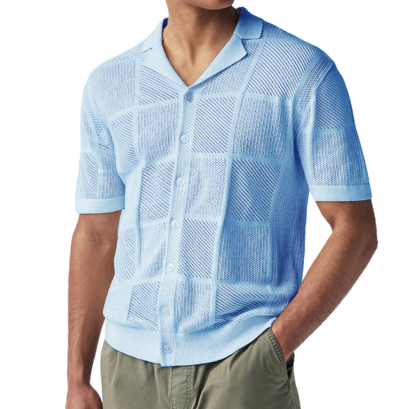 2025 Sommer Neue Strickjacke Dünne Hohl Polo Kragen Kurzarm Top Herrenbekleidung_voghion.com