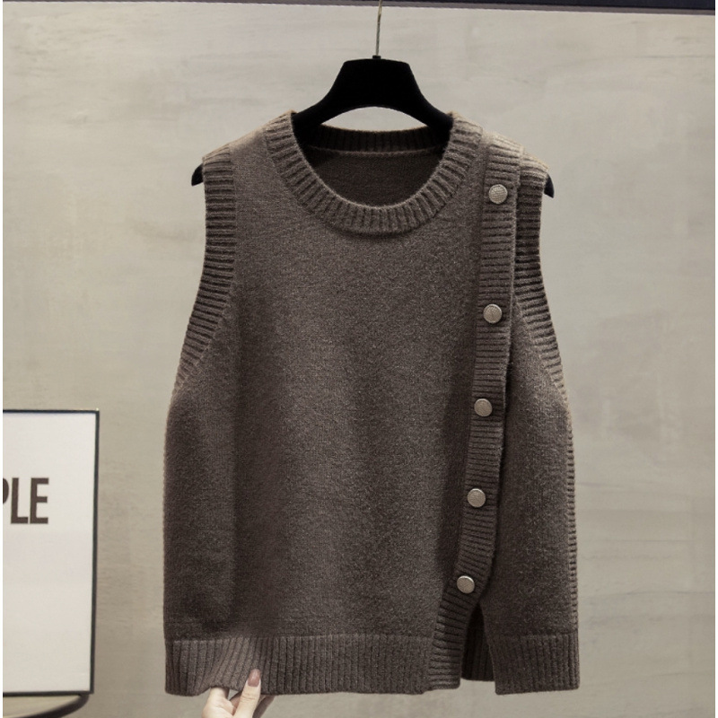 Chaleco de jersey de punto de cuello redondo para mujeres 2024 otoño y invierno nuevo estilo suelto para usar abrazadera de caballo plegada para usar suéter de hombro de moda