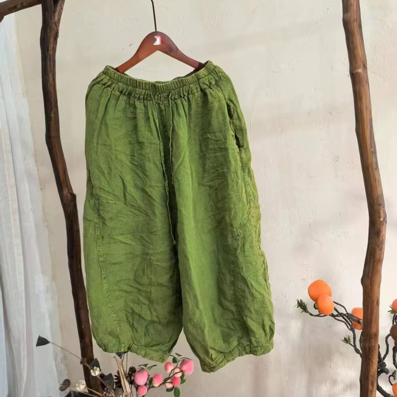 Summer New Arrival Loose Loose Ramie Bloomers 2025 Casual Solid Color Slimming Cropped Pants 2525