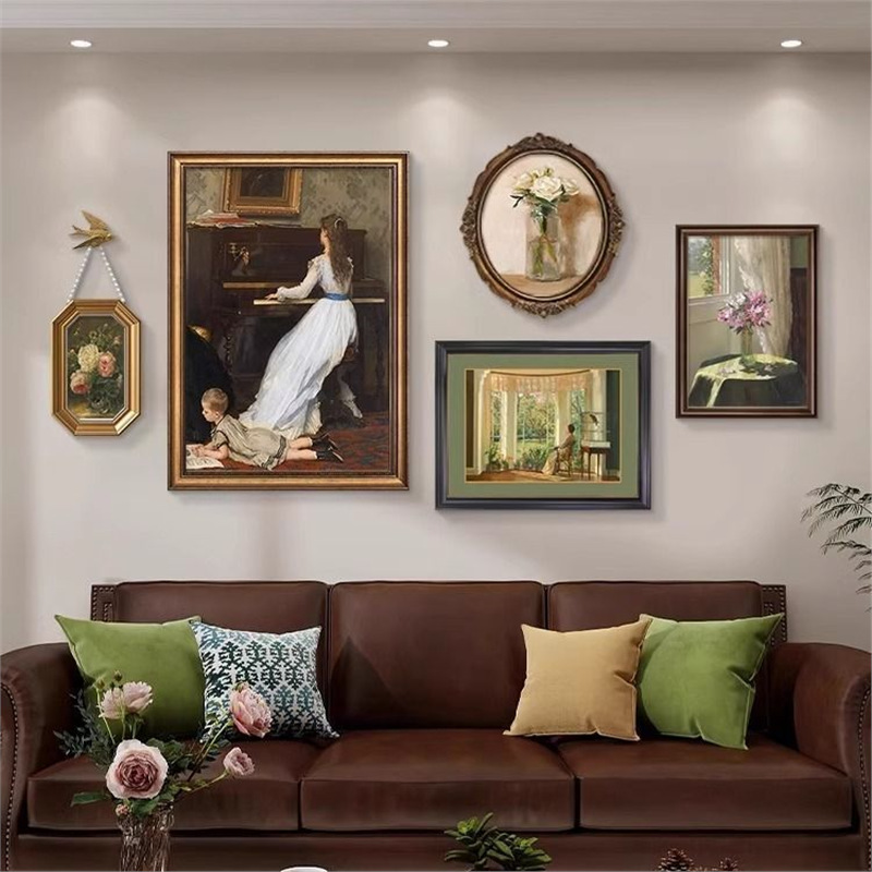 French-Style Vintage Hanging Painting Combination Mural, Mid-Century American Oil Painting for Living Room Sofa Background Wall, High-End Feel