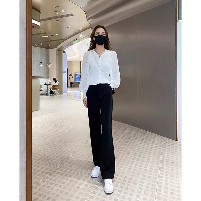 秋冬气质时尚套装女小个子设计泡泡袖雪纺衫休闲高腰阔腿裤两件套|undefined