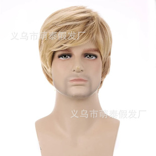 2023 new men's wig slanting bangs light gold men's short hair fashion Chemical Fiber men's headgear European and American men's hair Gold