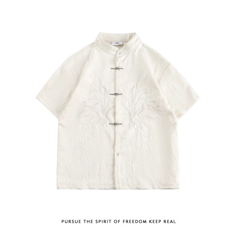 Chinese Style Retro Embroidered Airplane Button Shirt Men's Summer New Chinese Style Couple Short-Sleeved Casual Tang Suit Tunic Shirt