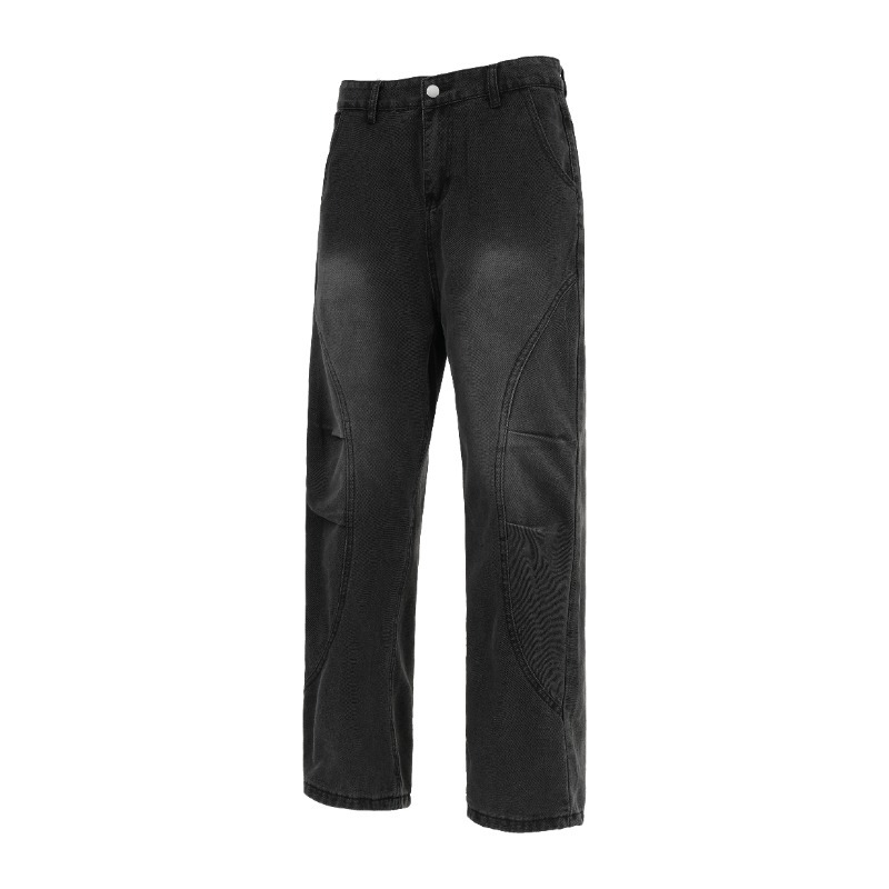 Men's Retro Patchwork Curved Blade Jeans mid Waist Loose Straight Leg Slightly Flared Pants Autumn/Winter American Style Blue_mkmklike.com
